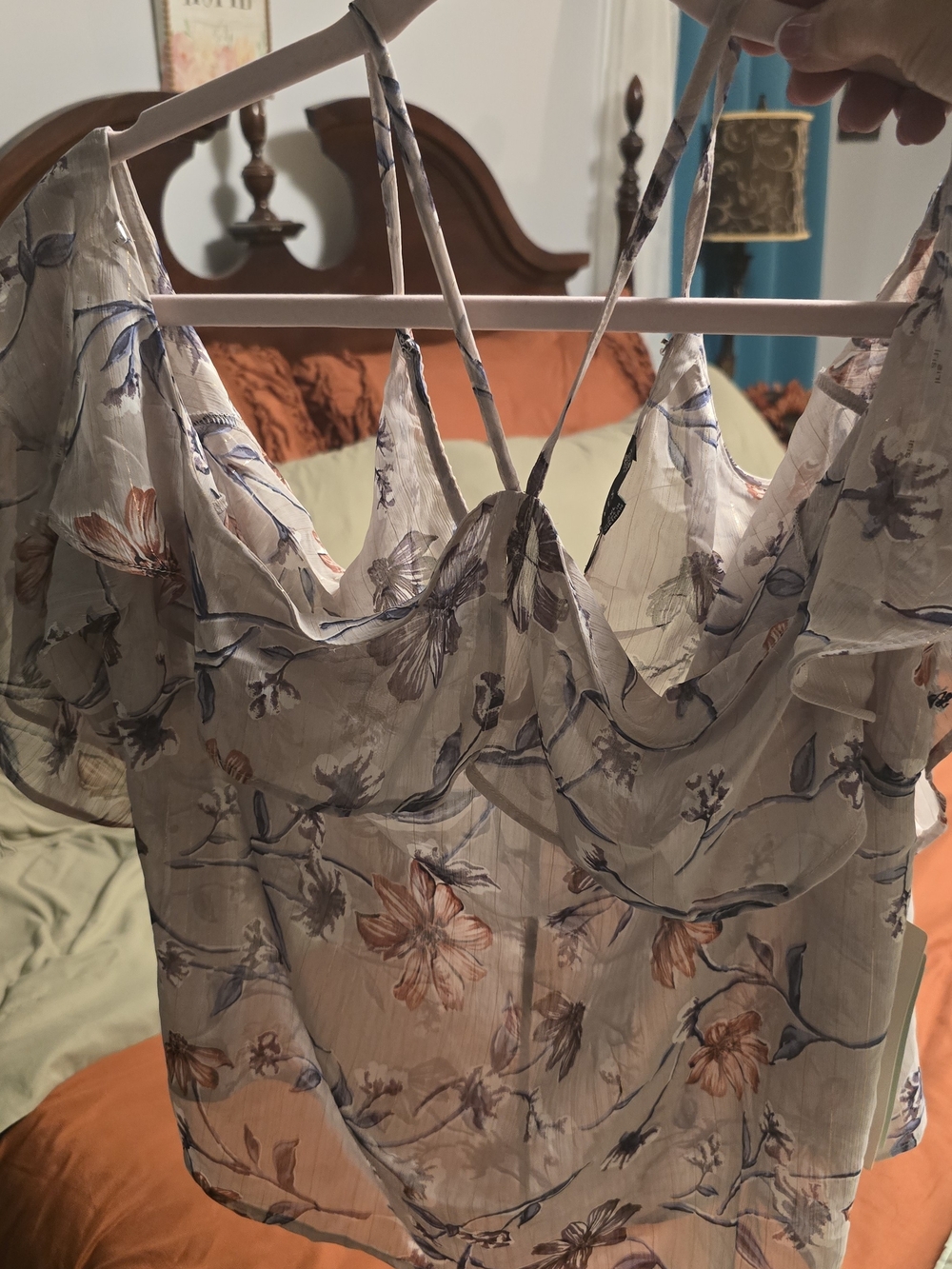 iris Floral Ruffle Strap Camisole - Cream with Blue and Brown Floral Print